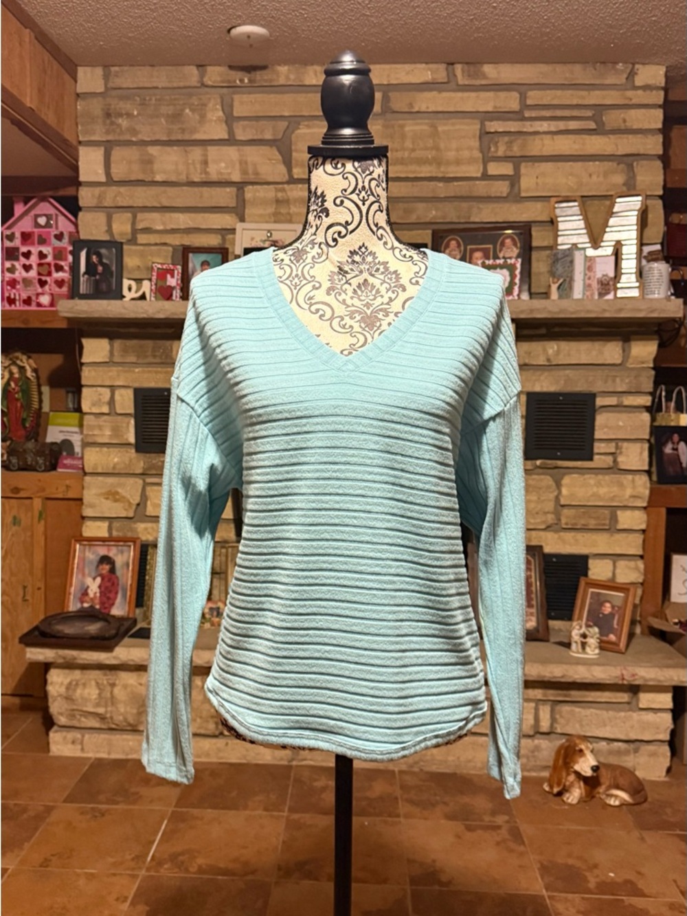 Time and Tru Relaxed V-Neck Ribbed Pullover Sweater - Light Aqua